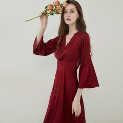 QWEEK Satin Fancy Nightgown Silk Dress Women Lace Sleepwear Vintage Nightie Long Dressing Gown Bride Wedding