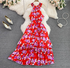 فستان شاطئ لقضاء العطلات على شاطئ البحر بحمالات من الشيفون الزهري، فستان أنيق بخصر تنحيف بدون أكمام، فستان كبير