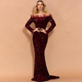 Sequined evening dress sexy female 2021 new European and American long-sleeved word shoulder feather party dress long section