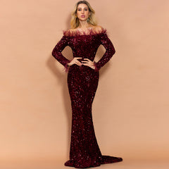 Sequined evening dress sexy female 2021 new European and American long-sleeved word shoulder feather party dress long section