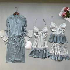 Summer Pajamas Women Chest Pad Nightgown Strap Silk Nightdress 4 Pcs Set Tops Long Sleeve Pijama Mujer Lingerie