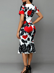 5XL Elegant Sexy Formal Bodycon Dress Printed Ruffles Women O Neck Short Sleeve Dress Evening Party Dress Women Summer Dresses