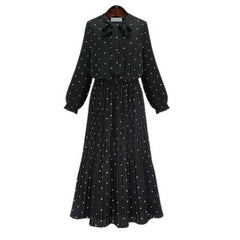 ربيع جديد فضفاض نمط النمط الأوروبي فستان منقط المرأة طباعة طويلة الأكمام السيدات فستان القوس البوهيمي الشيفون الشيفون فستان أسود المرأة رداء