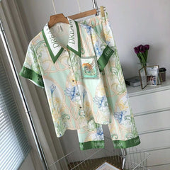 Pajamas summer short-sleeved trousers ice and snow silk ink painting suit ice silk large size home clothes