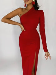 Red Elegant Dresses For Women 2022 Fashion One Shoulder Maxi Dress Bodycon Summer Autumn Ladies Sexy Evening Club Party Dress