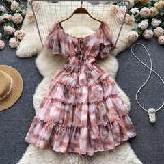 New light luxury palace oil painting French printing high-end design girl short waist dress