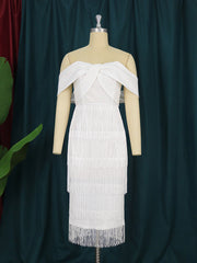 Mulheres elegantes vestido de borla branco bodycon ombro nu sem costas midi vestidos tamanho grande 4xl festa de aniversário clube data noite outfits