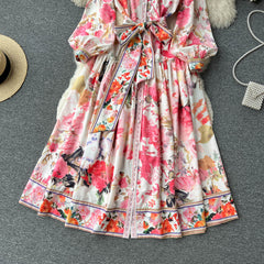 Spring and summer retro romantic thin flower printed bubble sleeve chiffon dress