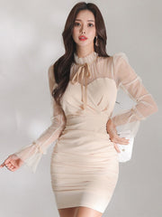 Mesh Elegant Women Evening Dress Sheer Ruffle Lace-up Flare Sleeve Folds Bodycon Slim Mini Femme Sexy Street Para Mujer Vestidos