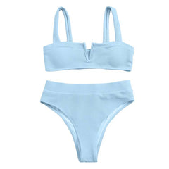 Women's High Breast Contrast Gradient Split Bikini Set One Piece Swimsuit Deep V Adjustable Shoulder Beachwear Bathing Suit