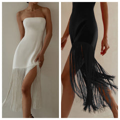 Sexy Tassel Party Dress Women Off Shoulder Sleeveless Strapless Backless Split Bodycon Women Elegant Dress