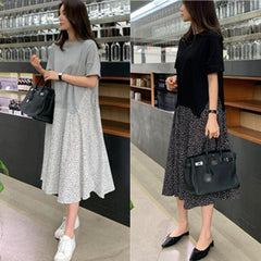 2023 summer new large size women's short-sleeved T-shirt splicing dot printing dress round neck fake two-piece long skirt