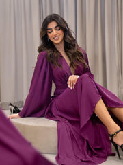 Purple deep v waist press pleated gown dress