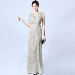 Ladies Fashion Slim One Shoulder Sexy Sequin Banquet Long Evening Dress