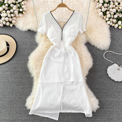 European and American design V-neck open back waist irregular split dress dress