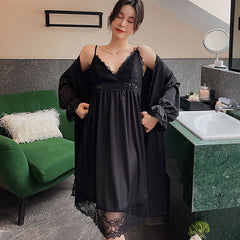 Women Satin 2PCS Set Robe Set Lace Long Sleepwear Strap Nighty Kimono Robe With Bra Bride Wedding Bathrobe Lounge Homewear Nightgown Set