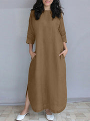 Stylish Split Dresses For Women ZANZEA Causal Solid 3/4 Sleeve Baggy Vestidos Maxi Long Dress Elegant Robe Holiday Sundress