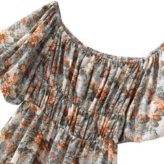 فستان بوهو ستايل قصير مطبوع عليه زهور على شكل فراشة وأكمام قصيرة ورقبة مائلة، فستان نسائي أنيق على شكل حرف A بخصر مطاطي