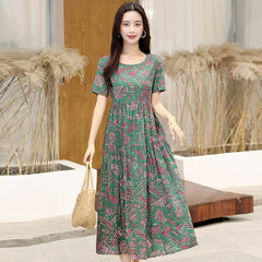 فستان بوهو نسائي مقاس كبير فستان طويل طويل للحفلات فستان صيفي أنيق مطبوع برقبة دائرية وخصر عالي وأكمام قصيرة