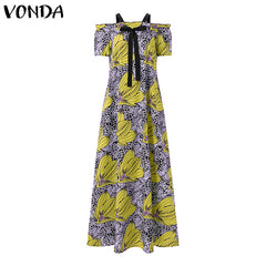 فستان VONDA للسيدات الأوروبي والأمريكي باللون الأسود مقاس كبير متباين بطباعة الأزهار، مزاج أنيق على طراز العطلات، كتف واحد، دانتيل، بأكمام قصيرة، فضفاض، تنورة متأرجحة، تنورة متأرجحة كبيرة، تنورة طويلة متناسقة يوميًا للربيع والصيف