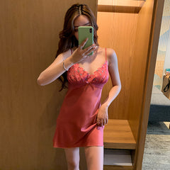 Sexy pajamas women summer thin ice ribbon chest pad lace suspenders nightdress two-piece 2021 new home service