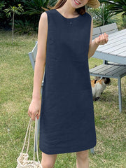 ZANZEA Women Elegant Dresses Solid O-Neck Sleeveless Knee Length Dress Fashion Holiday Casual Loose Ladies Vestido Plus Size