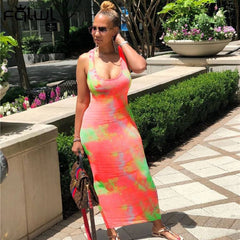 فستان صيفي FQLWL ملابس الشارع الشهير Bodycon مطبوع بدون أكمام فستان نسائي طويل بأشرطة وربطة عنق مفرغة فساتين غير رسمية للسيدات