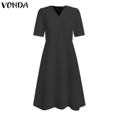 VONDA Elegant Dresses For Women 2022 Solid V Neck Short Sleeve Loose A-Line Vestidos Bohemian Party Casual Summer Plus Size Short Dresses