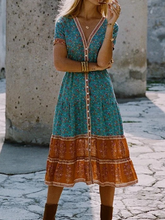 Spring Summer Boho Strap Floral Print Dress Long High Waist V-neck Single-breasted Vacation Midi Dress Woman