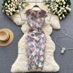 French temperament high-end sense butterfly hollow hook flower lace dress female waist slimming elegant lady bag hip skirt