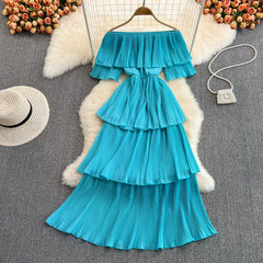 Summer one-word collar off-the-shoulder sweet ruffled temperament cake dress seaside vacation beach skirt elegant long skirt