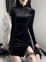 SXGOTH Dark Academia Alt Goth Velvet Dress Cheongsam Sexy Bodycon Slit Punk Winter Pleated Female Casual Hollow Black