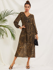 ZANZEA ladies retro leopard print dress spring and autumn new style sexy V-neck long-sleeved high-waist ankle skirt party boho style large size beach skirt Europe and America