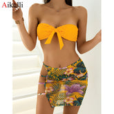 Sexy Printed Bandeau   Swimsuit Women Swimwear Three-Pieces Bikinis Set Summer Female Strapless Lace Up Swim Bathing Suits