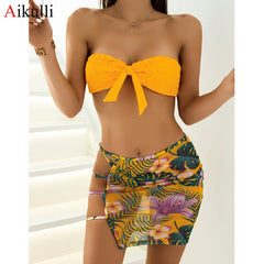 Sexy Printed Bandeau   Swimsuit Women Swimwear Three-Pieces Bikinis Set Summer Female Strapless Lace Up Swim Bathing Suits
