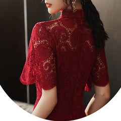 Ladies lace Chinese cheongsam evening dress retro banquet short evening dress short sleeve birthday dress
