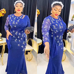 Women's large size long-sleeved hot diamond beaded mermaid skirt evening dress dress