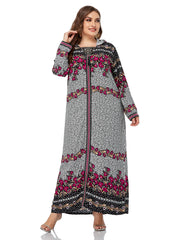 Plus size women's clothing elegant temperament embroidered long-sleeved hooded printed dress long skirt
