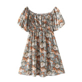 فستان بوهو ستايل قصير مطبوع عليه زهور على شكل فراشة وأكمام قصيرة ورقبة مائلة، فستان نسائي أنيق على شكل حرف A بخصر مطاطي