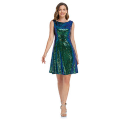 European and American women's magic color two-color sequined cocktail dress round neck sleeveless loose A- dress
