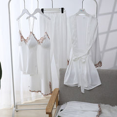 Sexy pajamas suspender nightdress spring and autumn style lace edge nightgown five-piece set home service