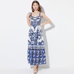 Printed Positioning Sling Slim Waist Dress Elastic Back A-Line Skirt
