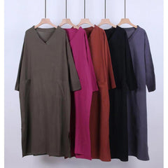 Plus-size women's clothing 2023 new fat MM retro cotton and linen V-neck plus fertilizer and enlarged long-sleeved dress
