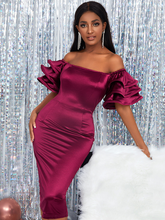 AOMEI Shiny Satin Party Dress Women Off Shoulder Summer Slash Neck Ruffles Sleeves Robes Femmes Sexy Bodycon Clubwear Event