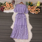 Retro high-end light luxury temperament stand collar hook flower hollow waist a-line lace cake dress elegant long skirt