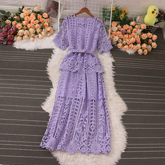 Retro high-end light luxury temperament stand collar hook flower hollow waist a-line lace cake dress elegant long skirt
