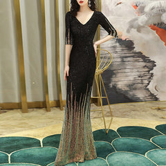 Ladies Banquet Long Slim Mermaid Evening Dress Fashion Sequined Double Shoulder V-neck Sleeve Party Dress