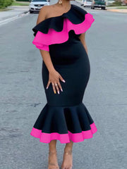 Women's Bodycon Mermaid Dress Bare Shoulder Ruffles Black Contrast Color Midi Dresses Elegant African Party Birthday Event Gowns