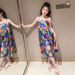 فستان بناتي 2023 موضة جديدة للأطفال تنورة بحمالات فستان صيفي للأطفال متوسط وكبير تنورة بناتي عصرية مُزينة بالزهور