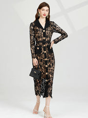 591 shot end temperament suit lapel water-soluble lace waist dress fitting metal buckle skirt